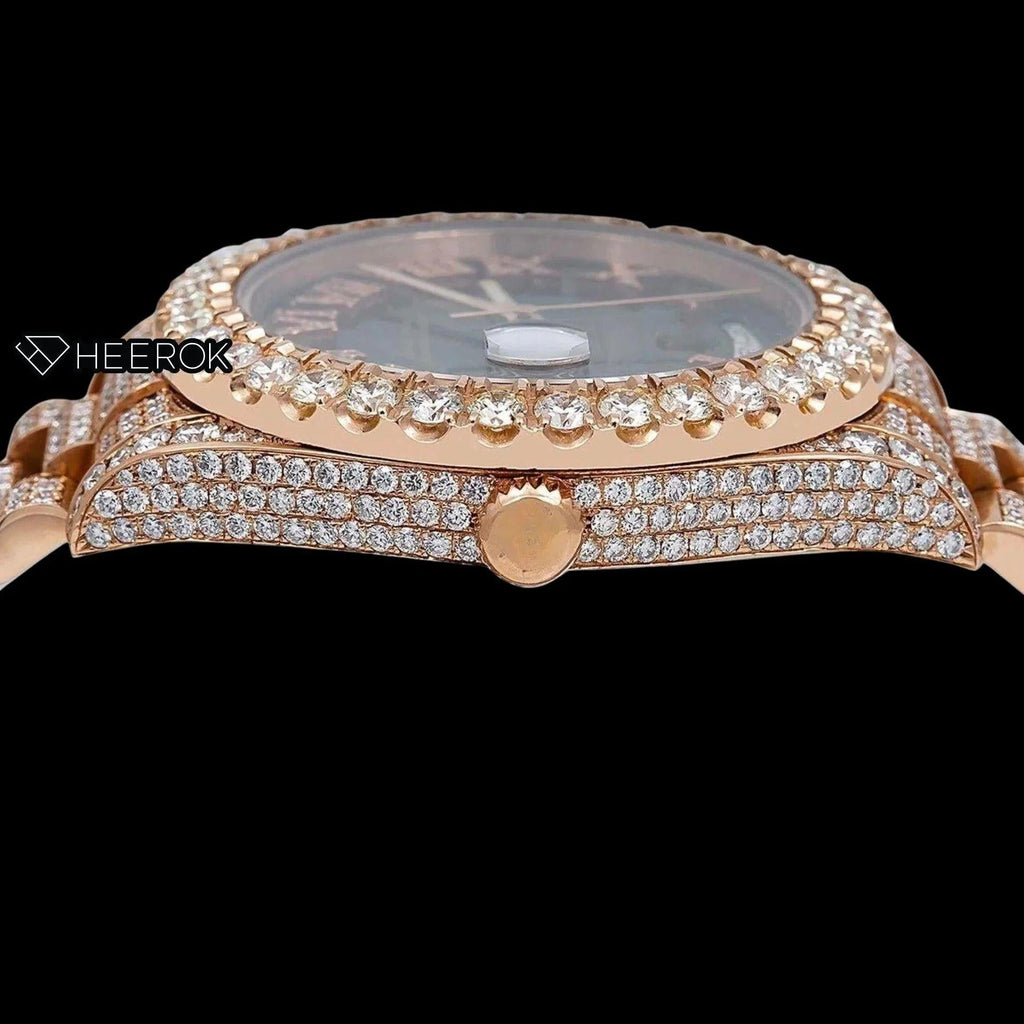 Rolex Day-Date Black Dial Roman Diamond Numerals Large Round Diamond Bezel Fully Iced Rose Gold Moissanite Diamond President Bracelet