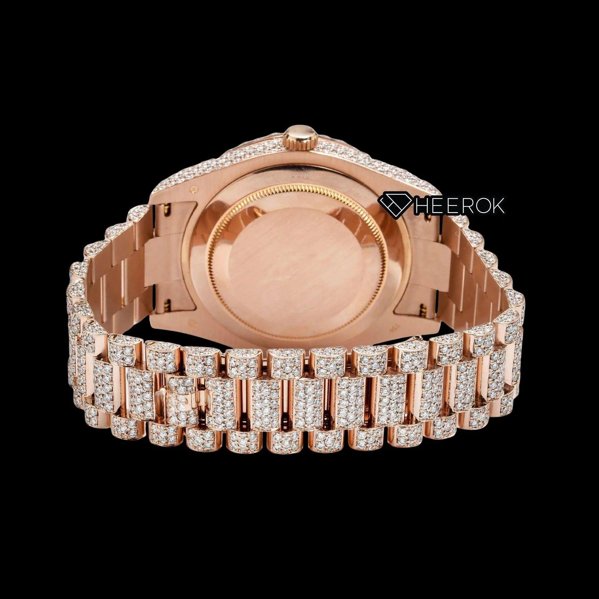 Rolex Day-Date Rose Gold Dial Roman Numerals Diamond Bezel Fully Iced Rose Gold Moissanite Diamond President Bracelet Watch