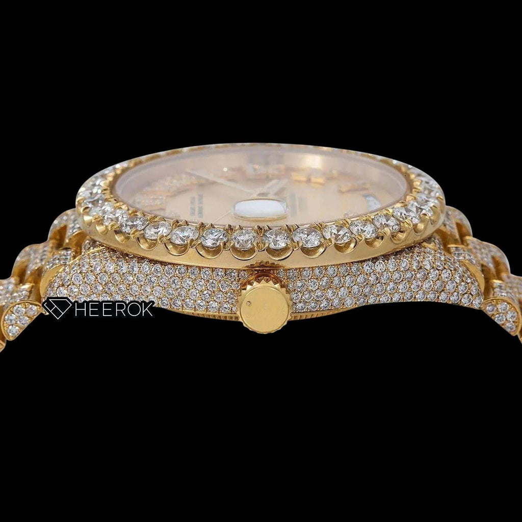 Rolex Day-Date Yellow Dial Roman Diamond Numerals Large Round Diamond Bezel Yellow Gold Fully Iced Moissanite Diamond President Bracelet