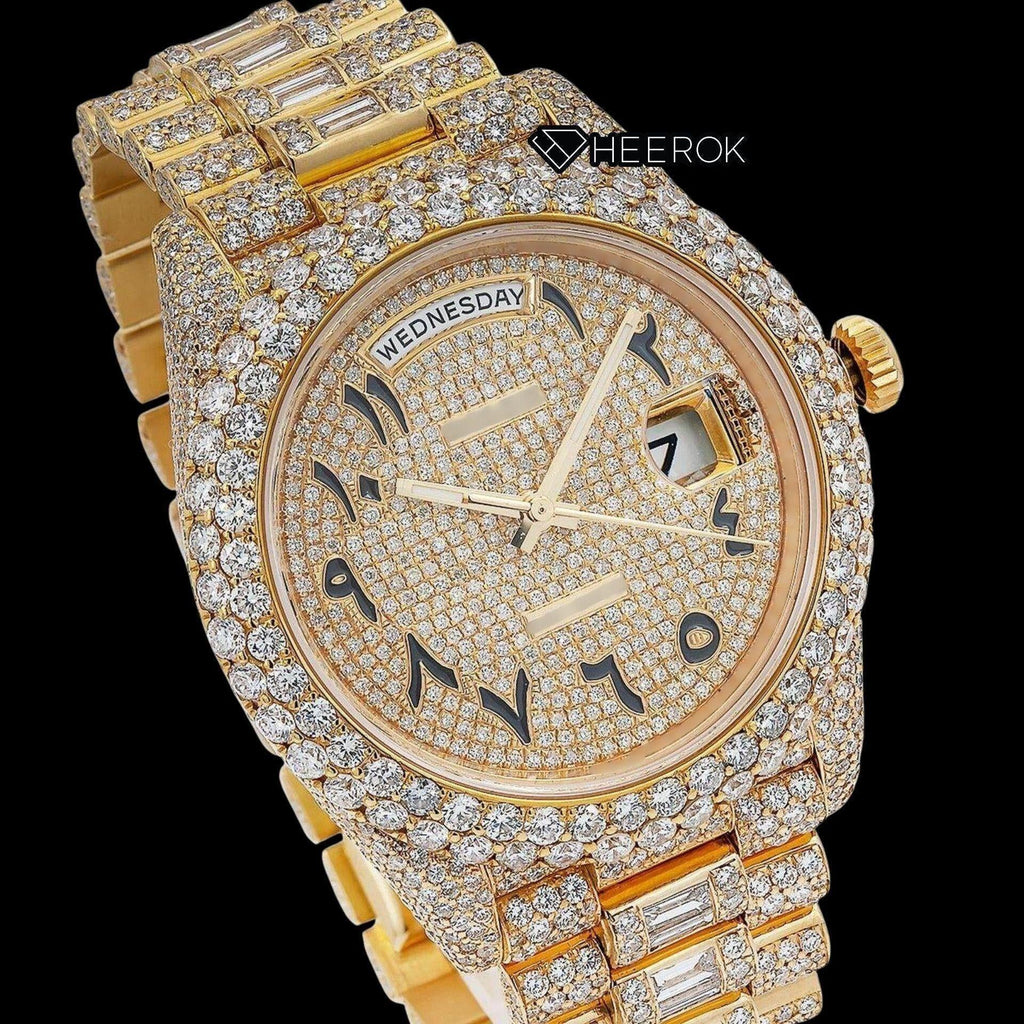 Rolex Day-Date Yellow Gold Dial Arabic Numerals Diamond Bezel Yellow Gold Fully Iced Moissanite Diamond President Bracelet