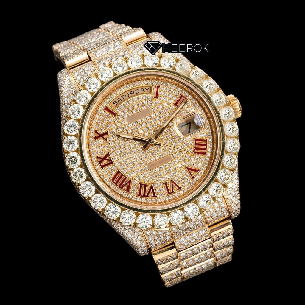Rolex Day-Date Yellow Paved Dial Red Roman Numerals Large Round Diamond Bezel Yellow Gold Fully Iced Moissanite Diamond President Bracelet Watch