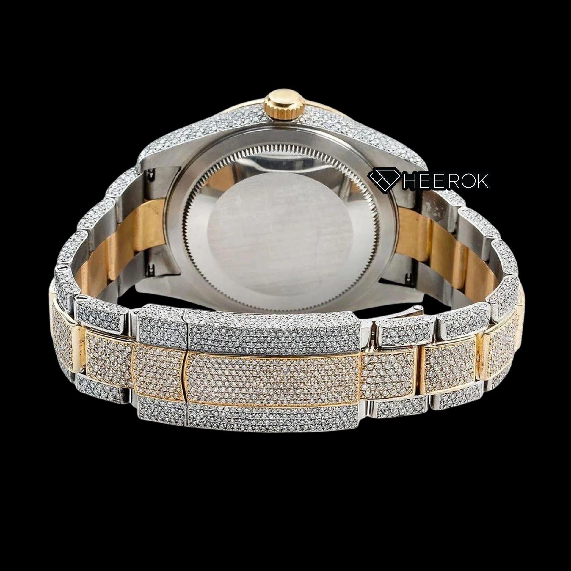 Rolex Sky-Dweller Black Dial Stick Markers Fluted Bezel Two Tone Yellow Gold Fully Iced Moissanite Diamond Oyster Bracelet Watch