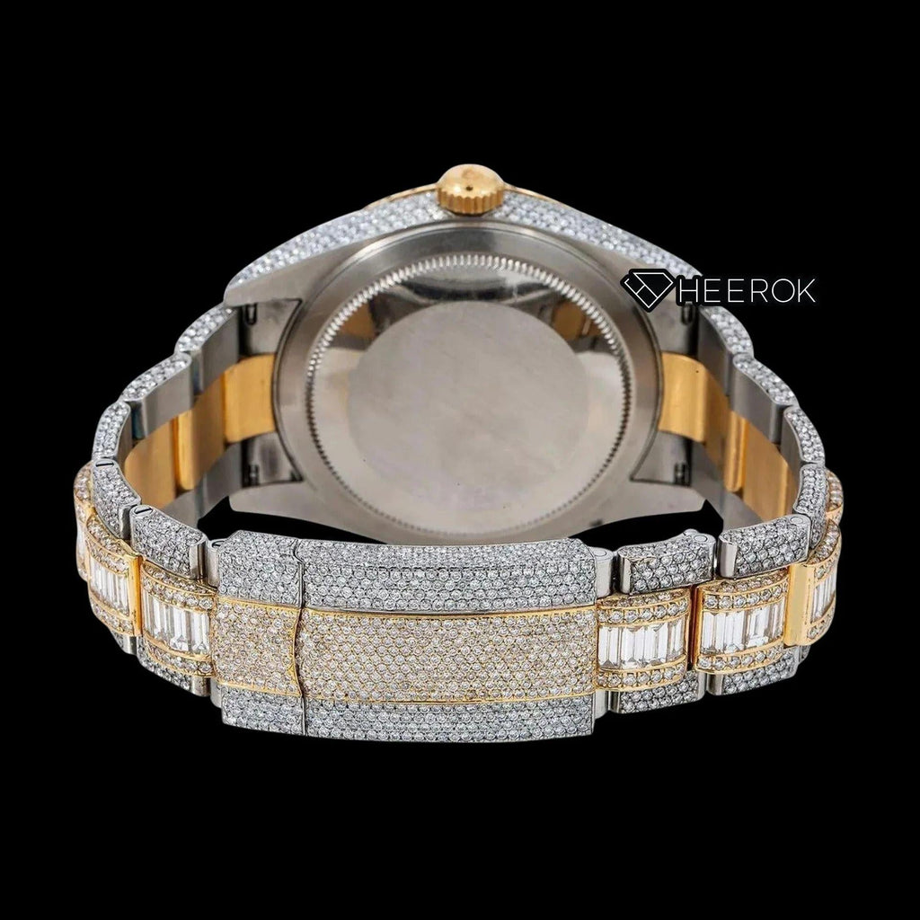 Rolex Sky-Dweller Black Dial White Stick Markers Diamond Bezel Two Tone Yellow Gold Fully Iced Moissanite Diamond Baguette Oyster Bracelet