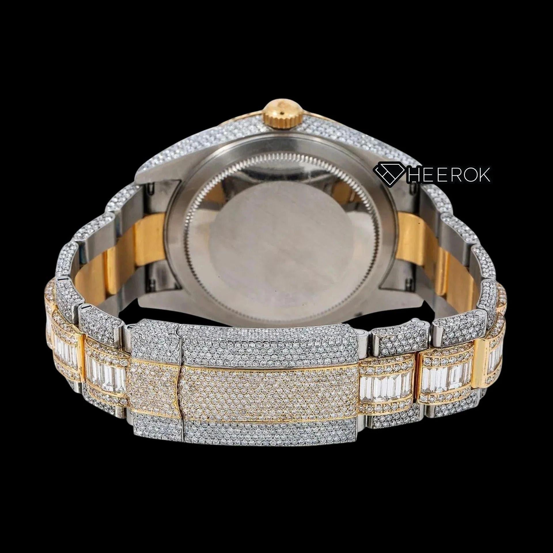 Rolex Sky-Dweller Black Dial White Stick Markers Diamond Bezel Two Tone Yellow Gold Fully Iced Moissanite Diamond Baguette Oyster Bracelet
