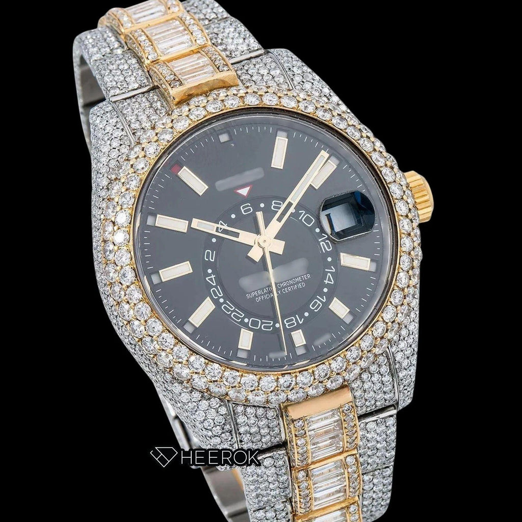 Rolex Sky-Dweller Black Dial White Stick Markers Diamond Bezel Two Tone Yellow Gold Fully Iced Moissanite Diamond Baguette Oyster Bracelet