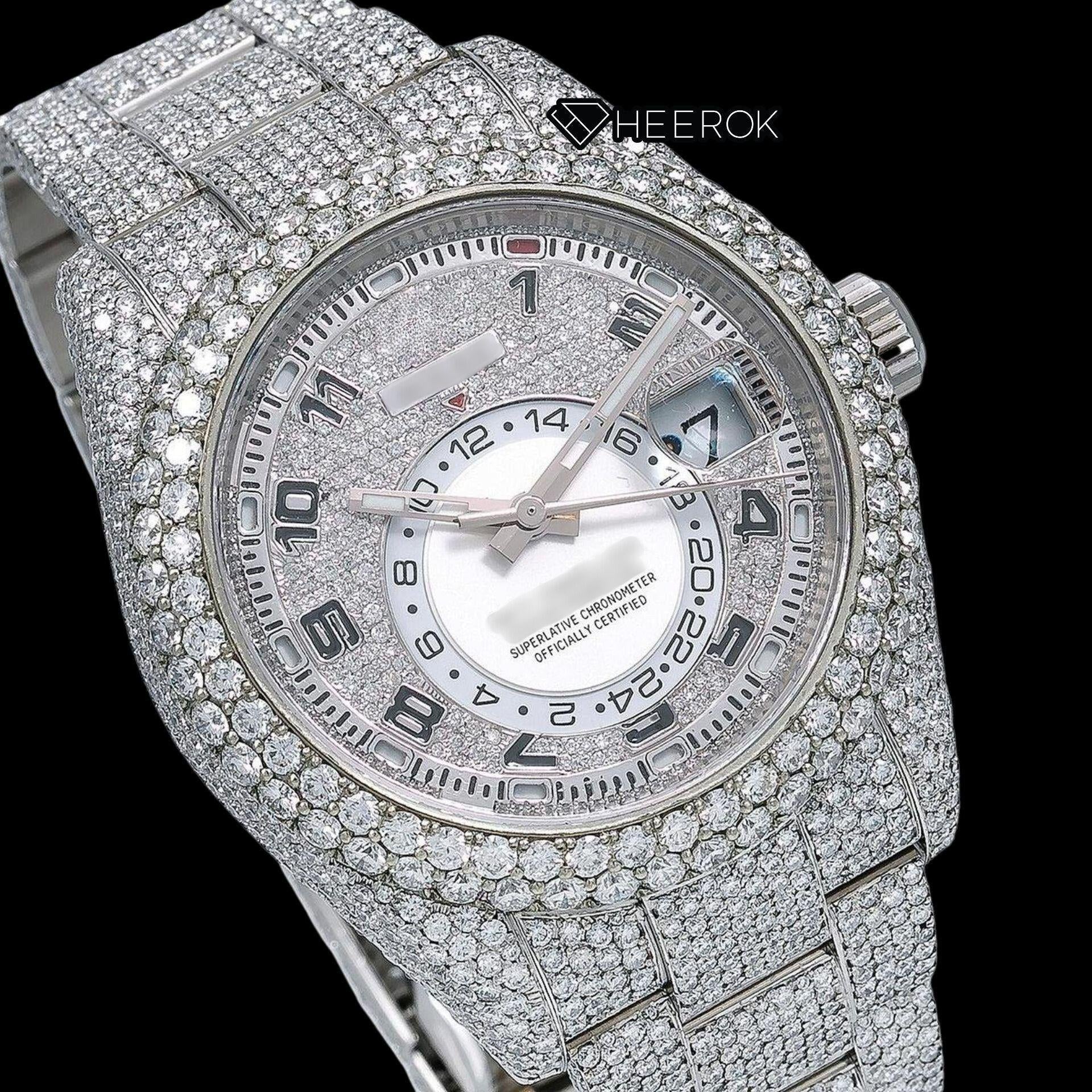 Rolex Sky-Dweller Diamond Paved Dial Standard Numerals Diamond Bezel Fully Iced Out Moissanite Diamond Oyster Bracelet Watch