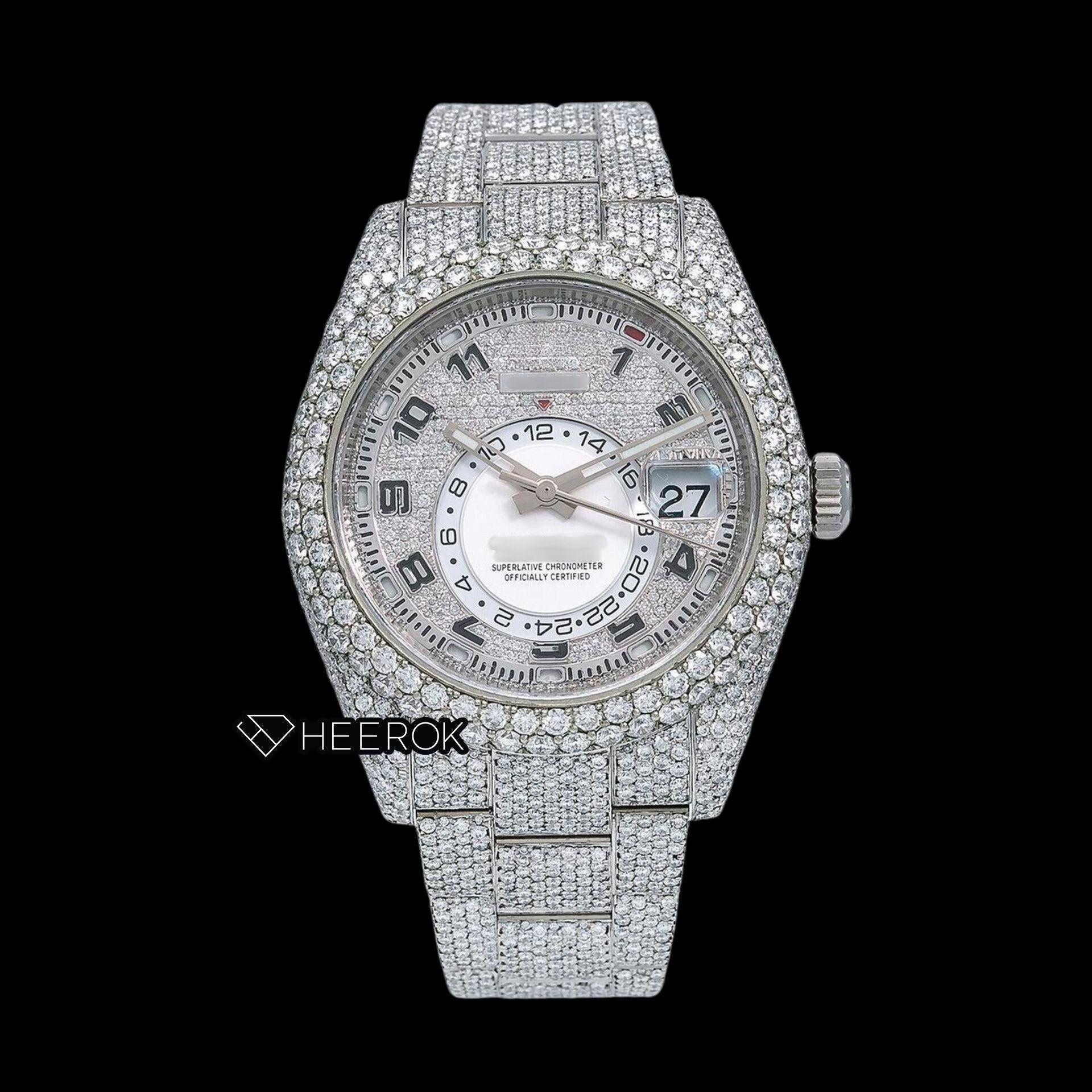 Rolex Sky-Dweller Diamond Paved Dial Standard Numerals Diamond Bezel Fully Iced Out Moissanite Diamond Oyster Bracelet Watch