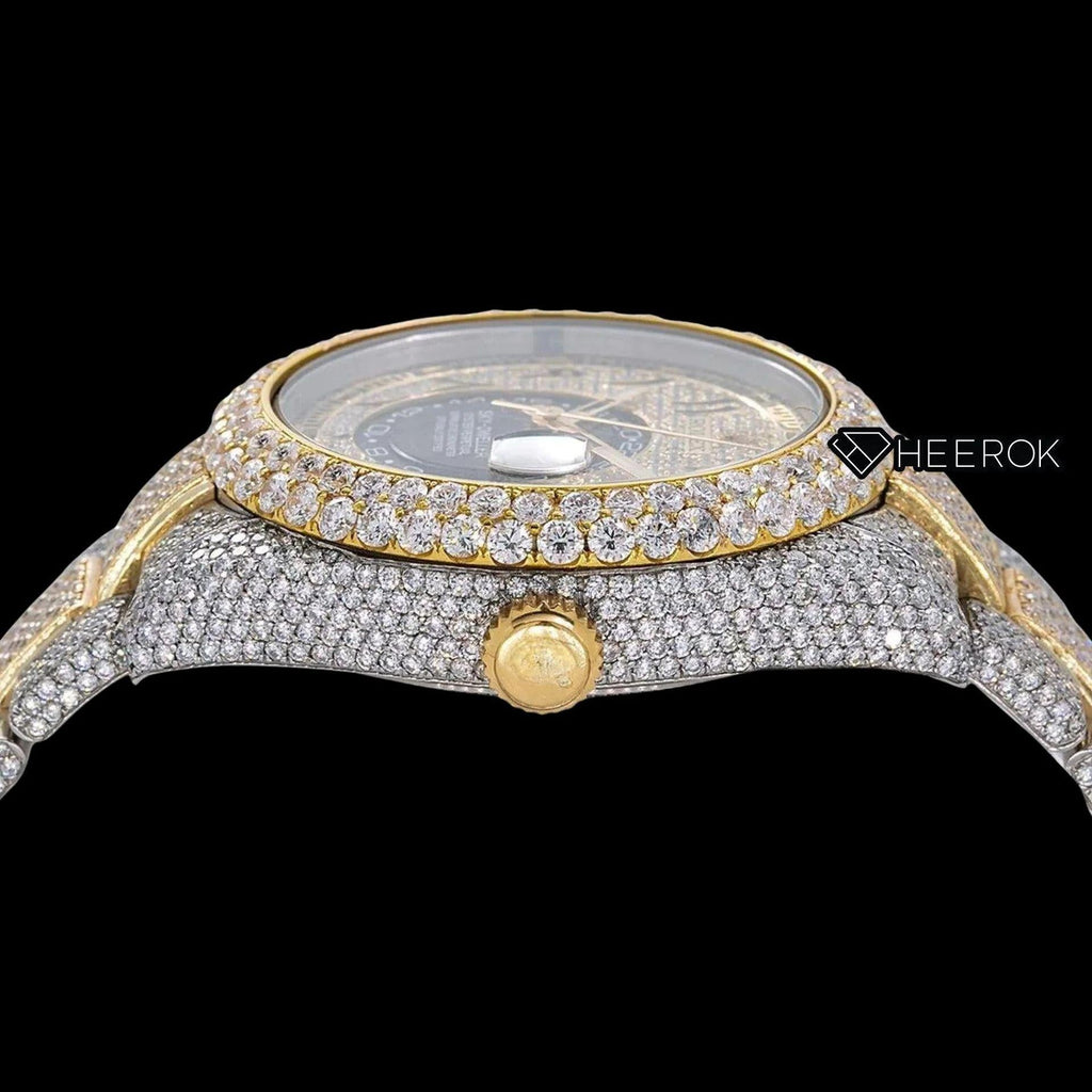 Rolex Sky-Dweller Full Paved Yellow Dial Arabic Numerals Diamond Bezel Two Tone Yellow Gold Bust Down Moissanite Diamond Oyster Bracelet Watch