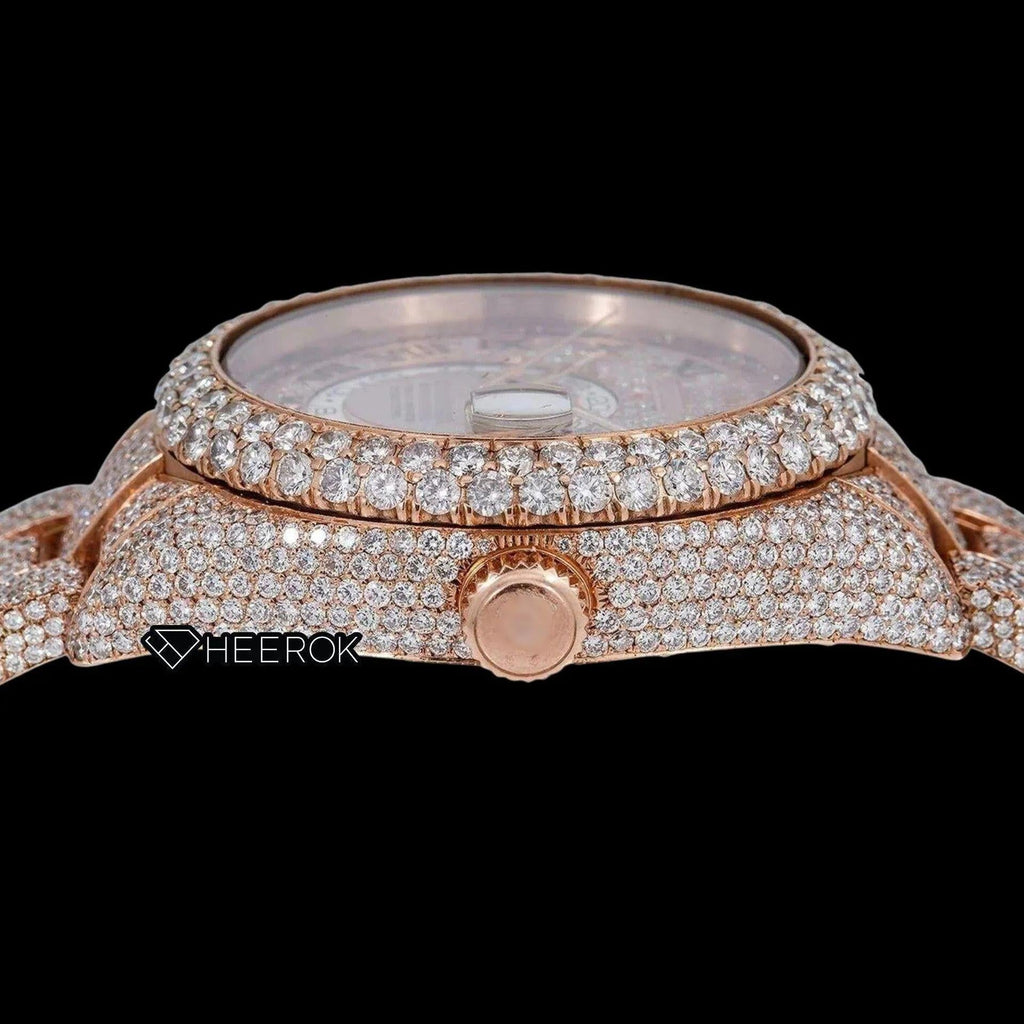 Rolex Sky-Dweller Rose Gold Dial Black Roman Numerals Diamond Bezel Rose Gold Fully Iced Moissanite Diamond Oyster Bracelet