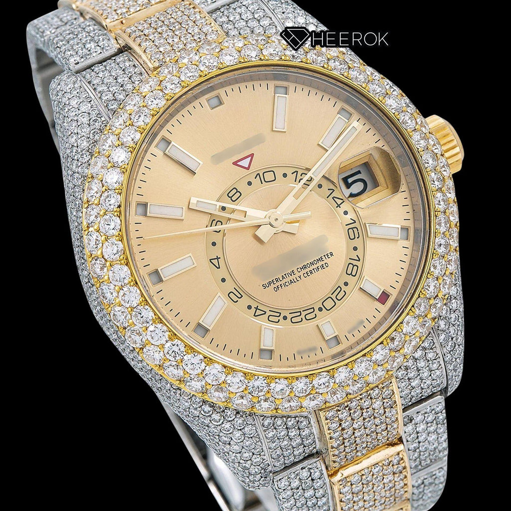 Rolex Sky-Dweller Yellow Dial Stick Markers Diamond Bezel Two Tone Yellow Gold Fully Iced Moissanite Diamond Oyster Bracelet Watch