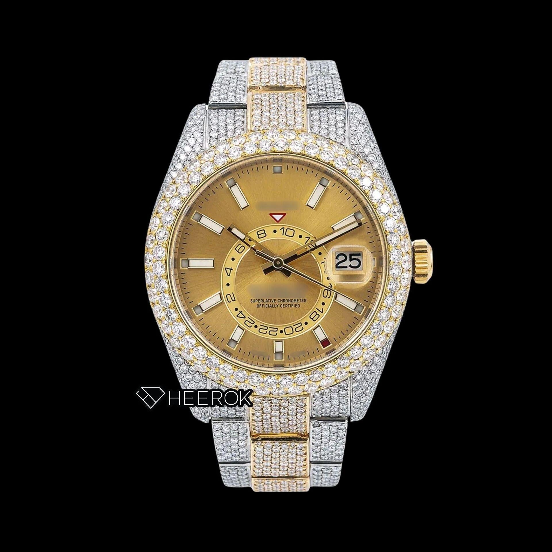 Rolex Sky-Dweller Yellow Dial Stick Markers Diamond Bezel Two Tone Yellow Gold Fully Iced Moissanite Diamond Oyster Bracelet Watch