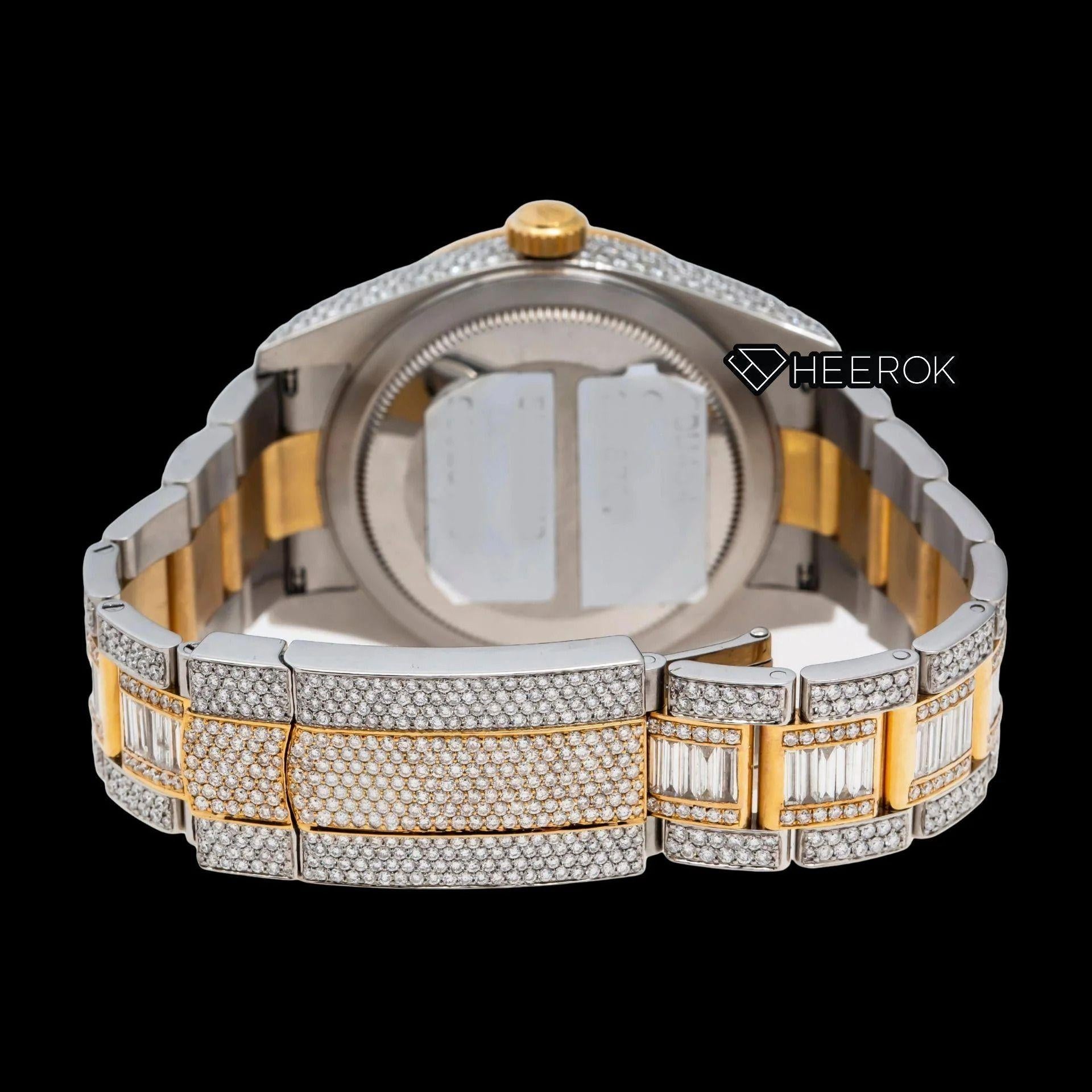 Rolex Sky-Dweller Yellow Dial White Stick Markers Fluted Bezel Two Tone Yellow Gold Baguette Moissanite Diamond Oyster Bracelet Watch
