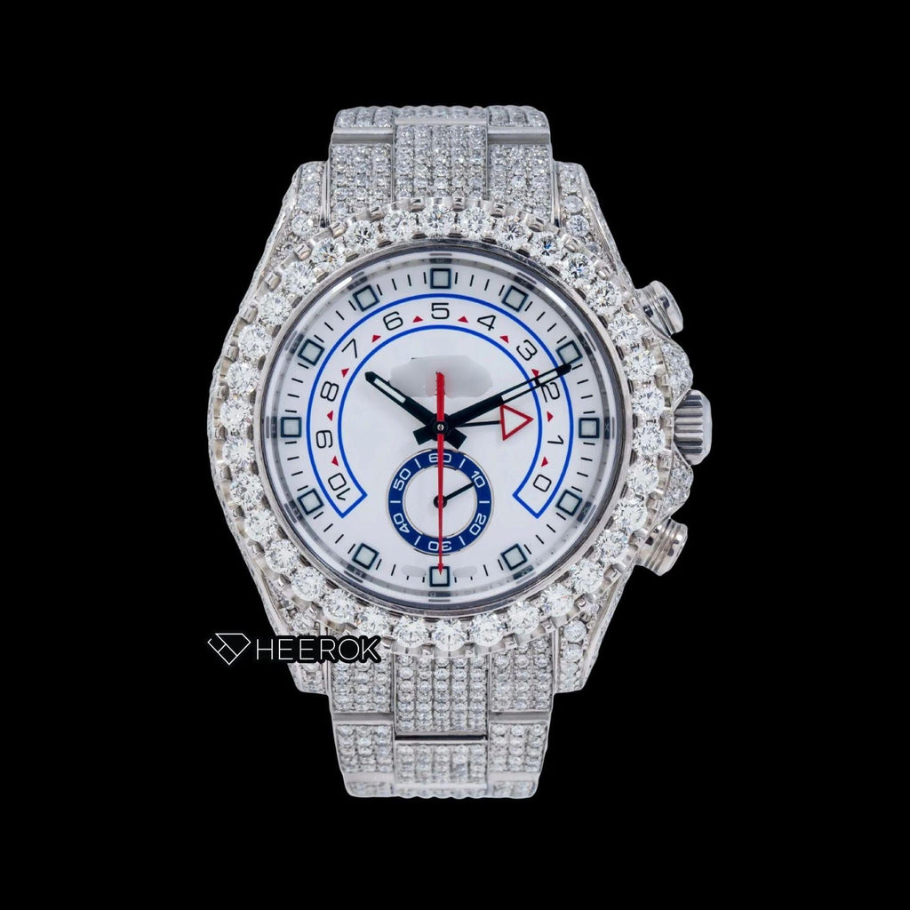 Rolex Yacht-Master White Dial Square Shape Markers Diamond Bezel  Fully Iced Moissanite Diamond Oyster Bracelet Watch