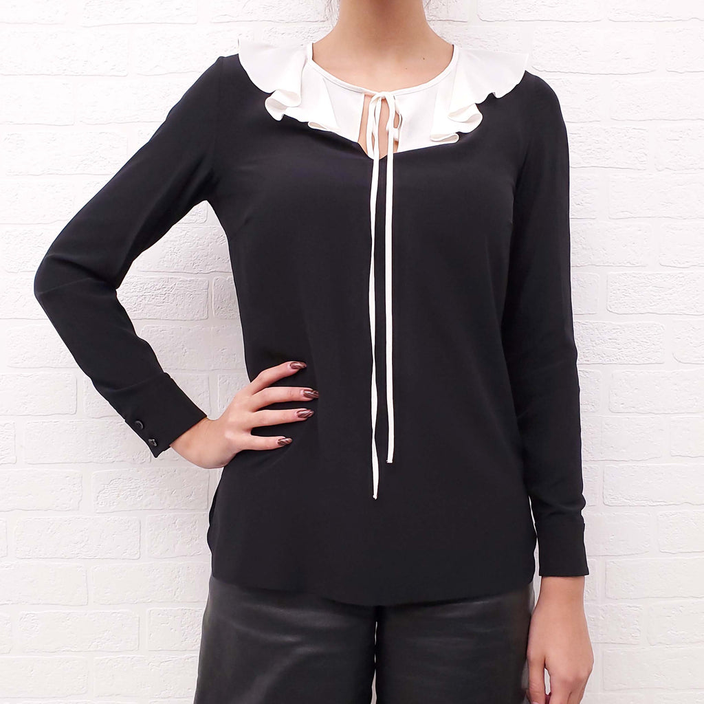 SAINT LAURENT BLACK AND CREAM SILK RUFFLE BLOUSE - SIZE 38