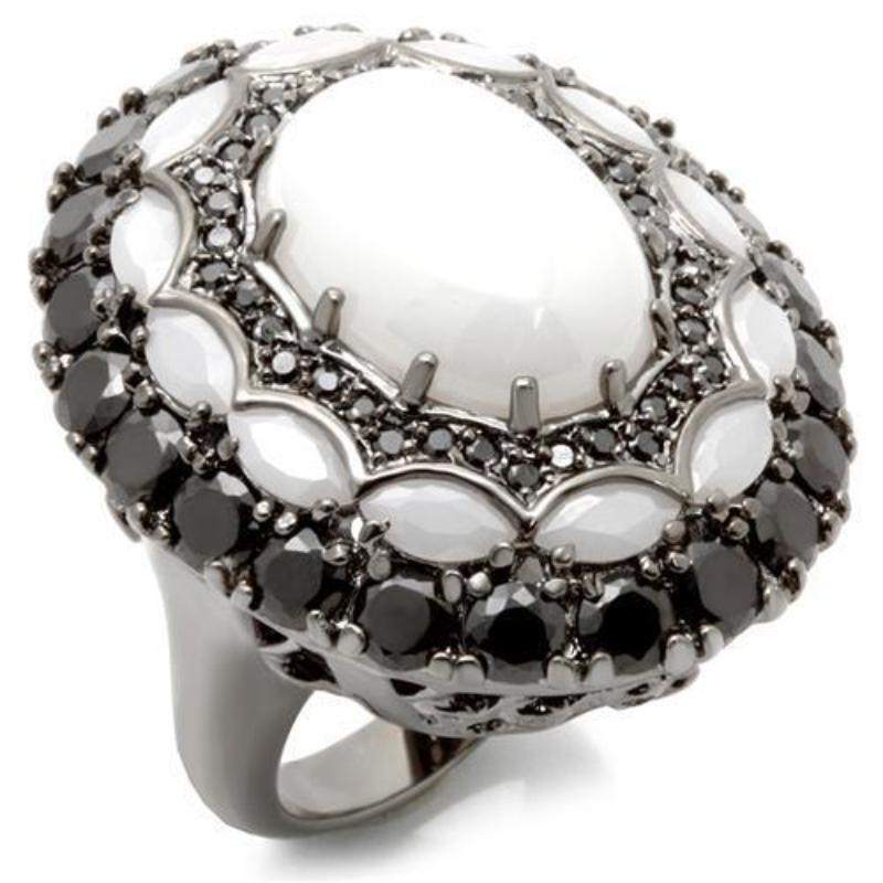 Ruthenium Brass Ring with Milky CZ in White