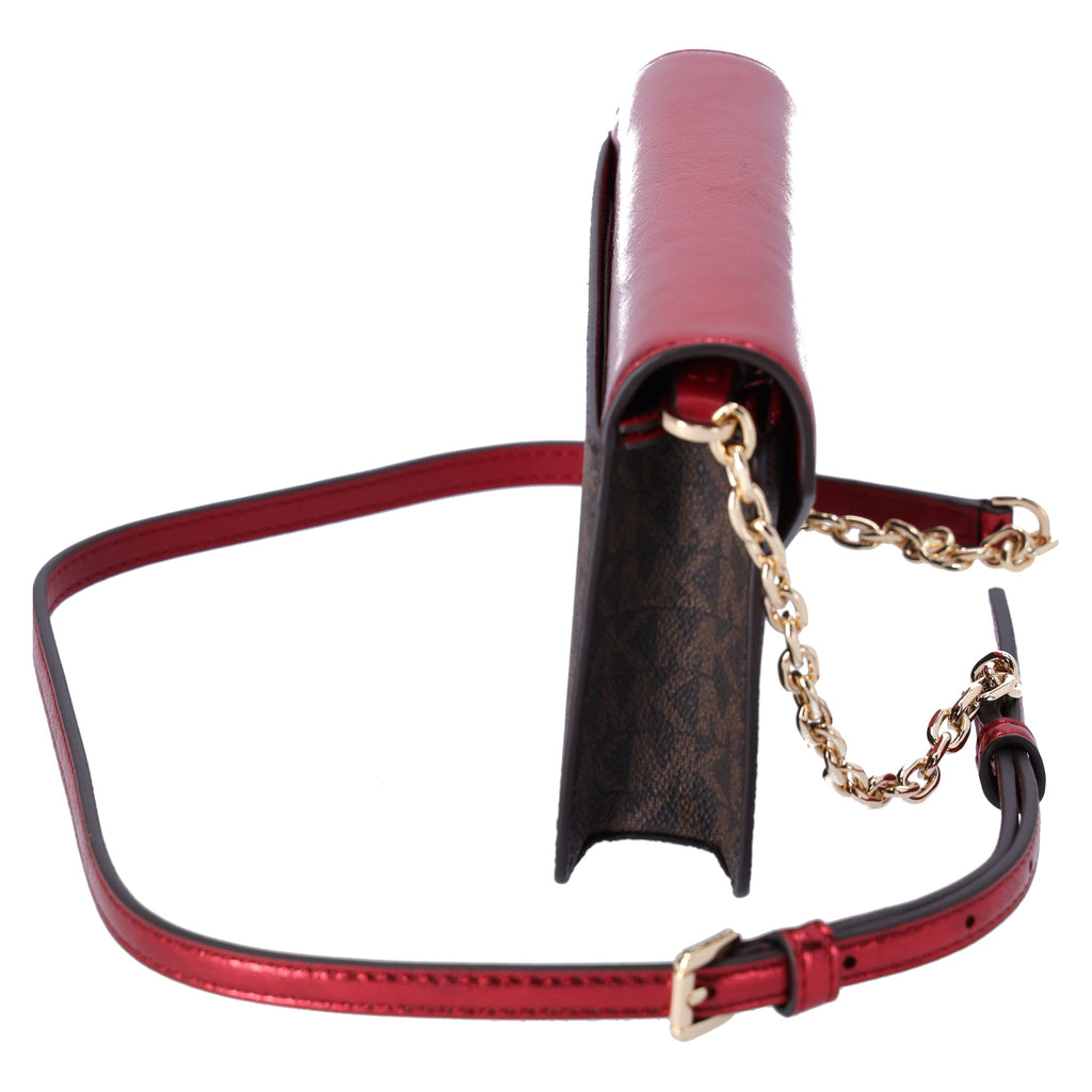 Michael Kors Jet Set Travel Small Signature Clutch Crossbody Brown Crimson Red