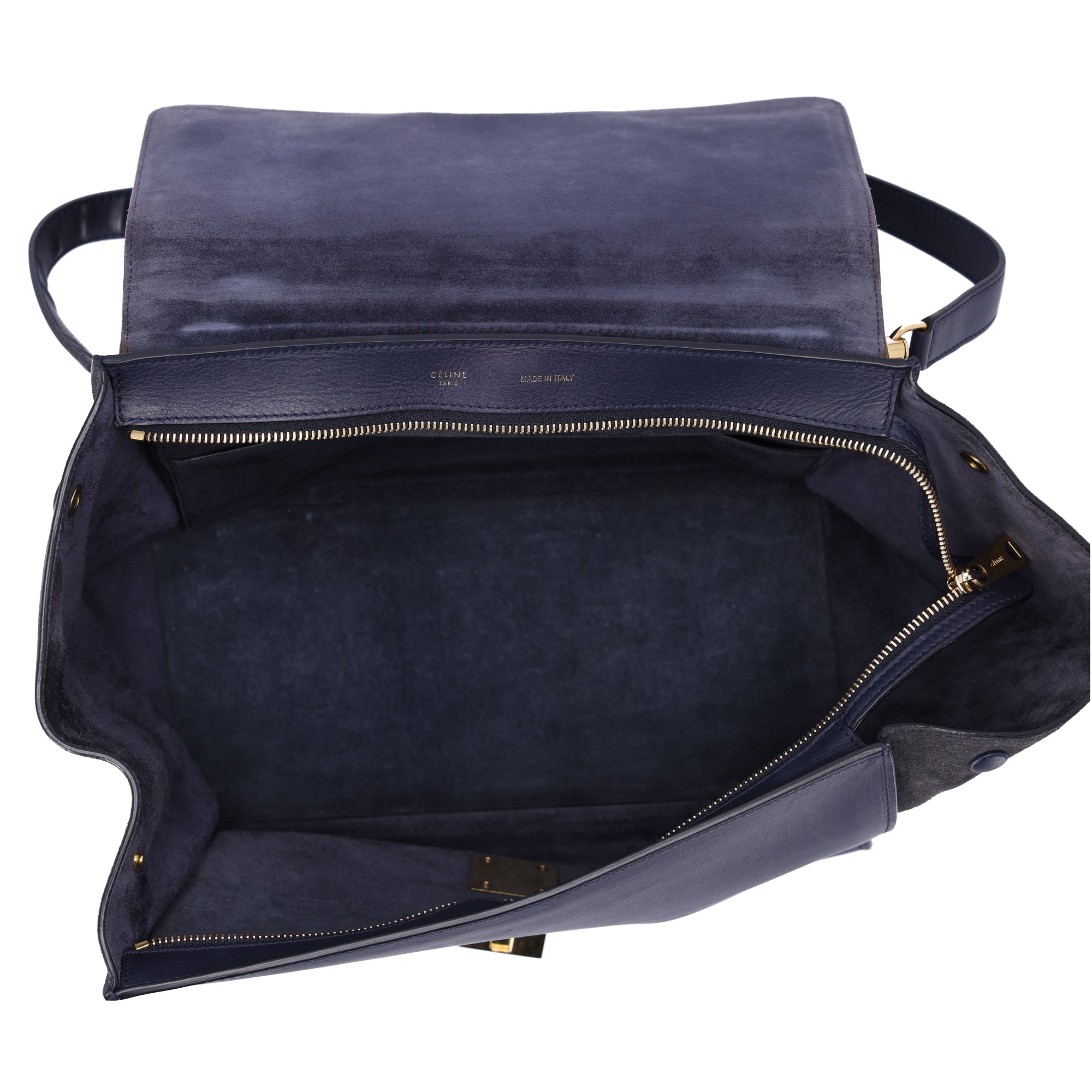 Celine Trapeze Medium Handbag Light Brown Dark Navy Leather Suede