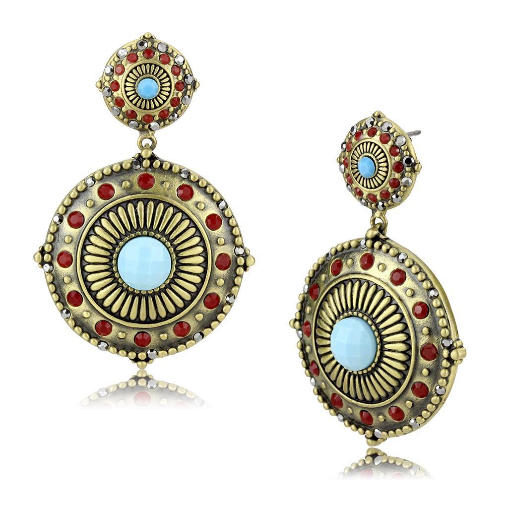 Antique Copper Brass Earrings with Synthetic Turquoise in Sea Blue