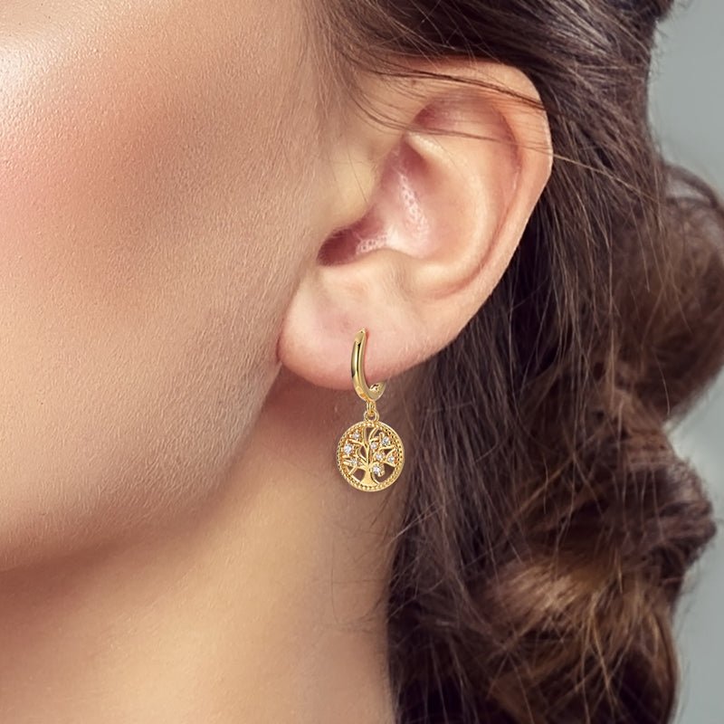 Golden Tree of Life Dangle Hoop Earrings
