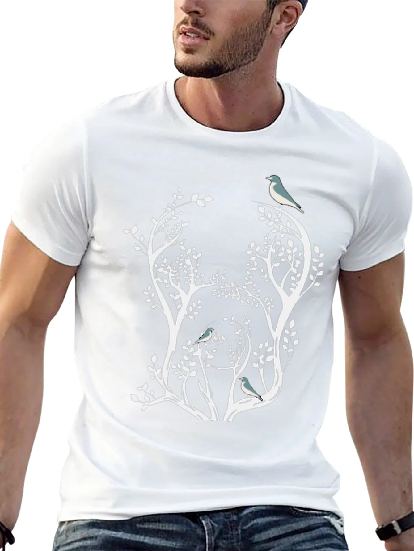 Nature Inspired Bird & Tree Graphic Black T-Shirt