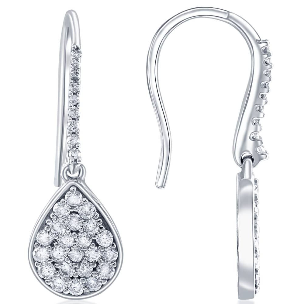 1 1/8ct Lab Grown Diamond Hoops Dangle Pear Shape 18K White Gold 1 1/4" Tall