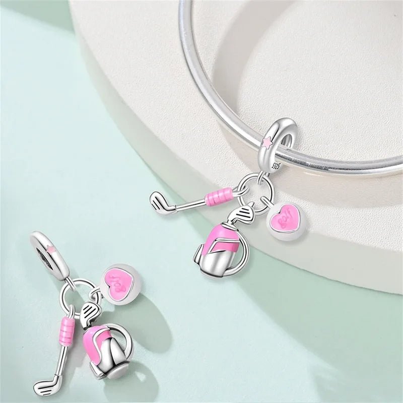 Pink Golf Club, Bag & Heart Dangle Charm