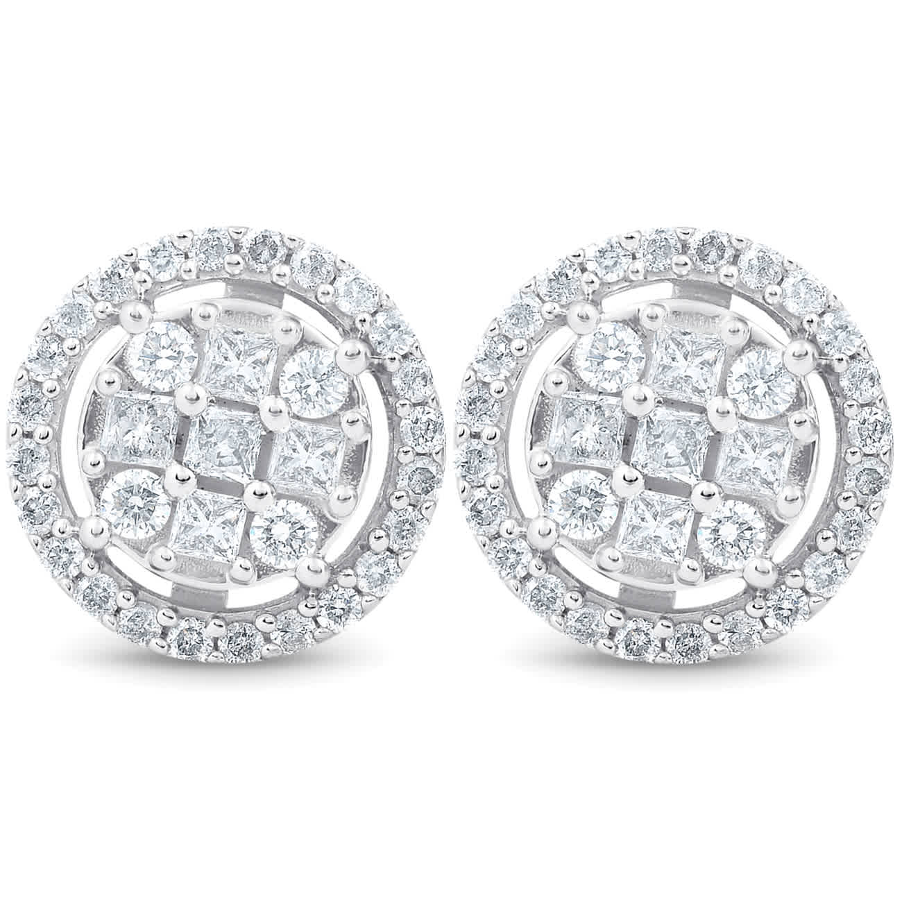 5/8 cttw Princess Cut Diamond Halo Screw Back Studs 10K White Gold 9.5MM