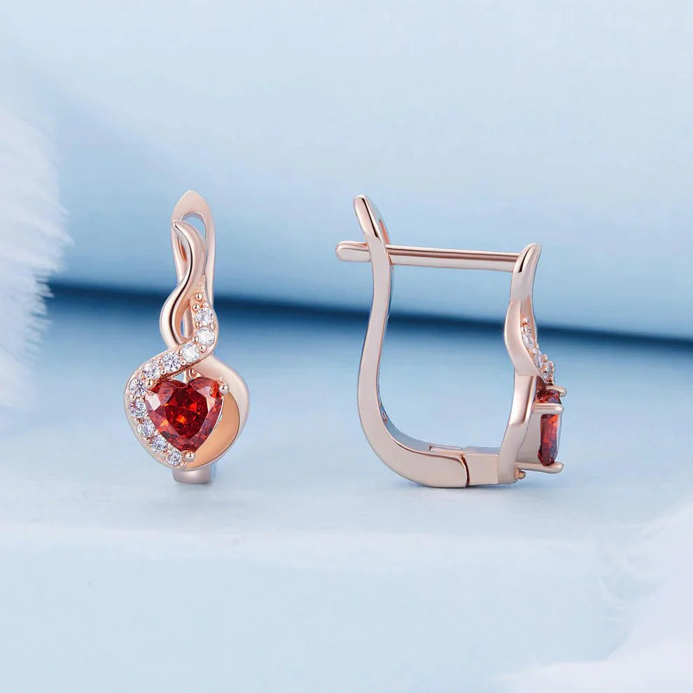 Rose Gold Flame-Heart Crystal Hoop Earrings
