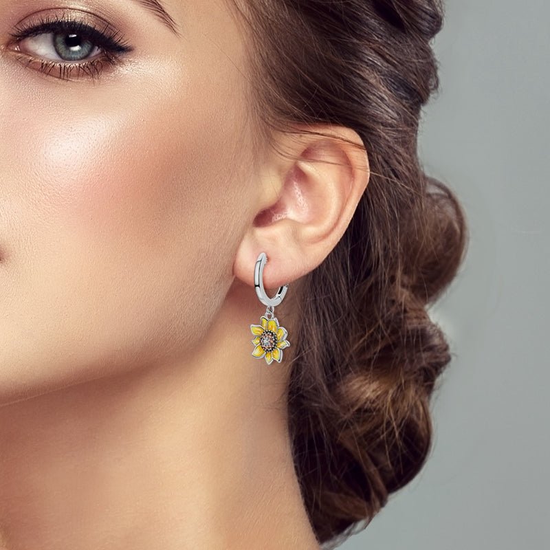 Sunflower Bloom Drop Hoop Earrings